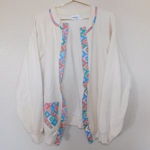 Vintage Ivory Sweatshirt Adult Ladies XL Multi Color Pattern Trim Open Cardigan